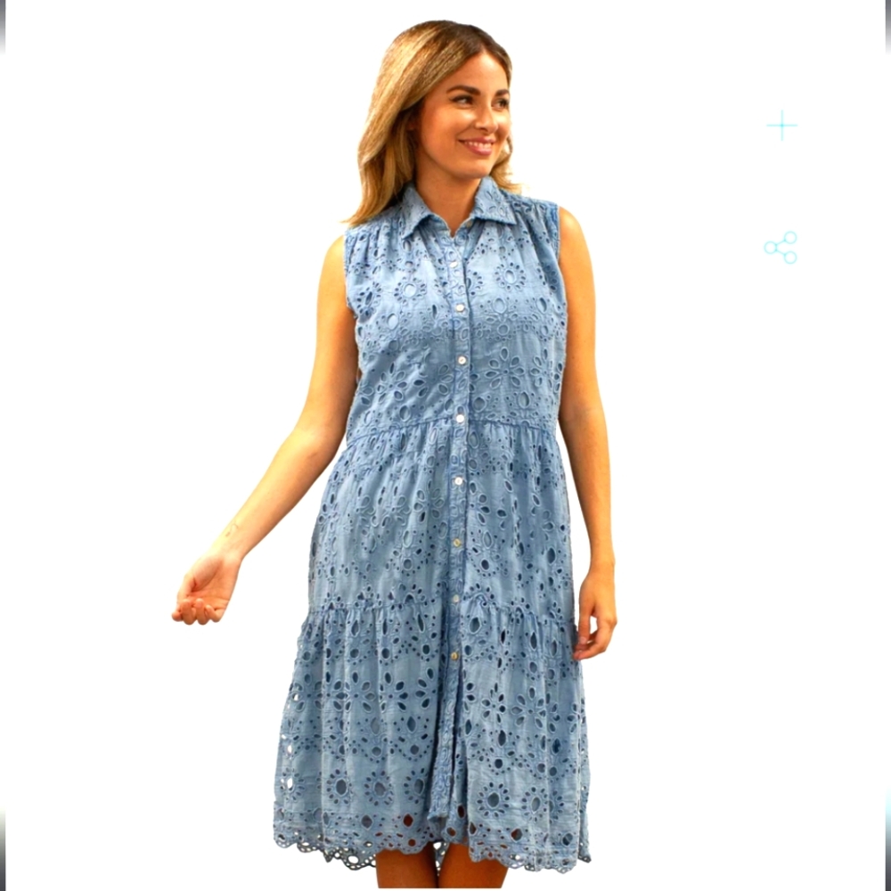 🏷️ANTHROPOLOGIE KYLA SEO Caite Palma Eyelet Midi Dress in Bluestone Size S/M - Picture 1 of 14